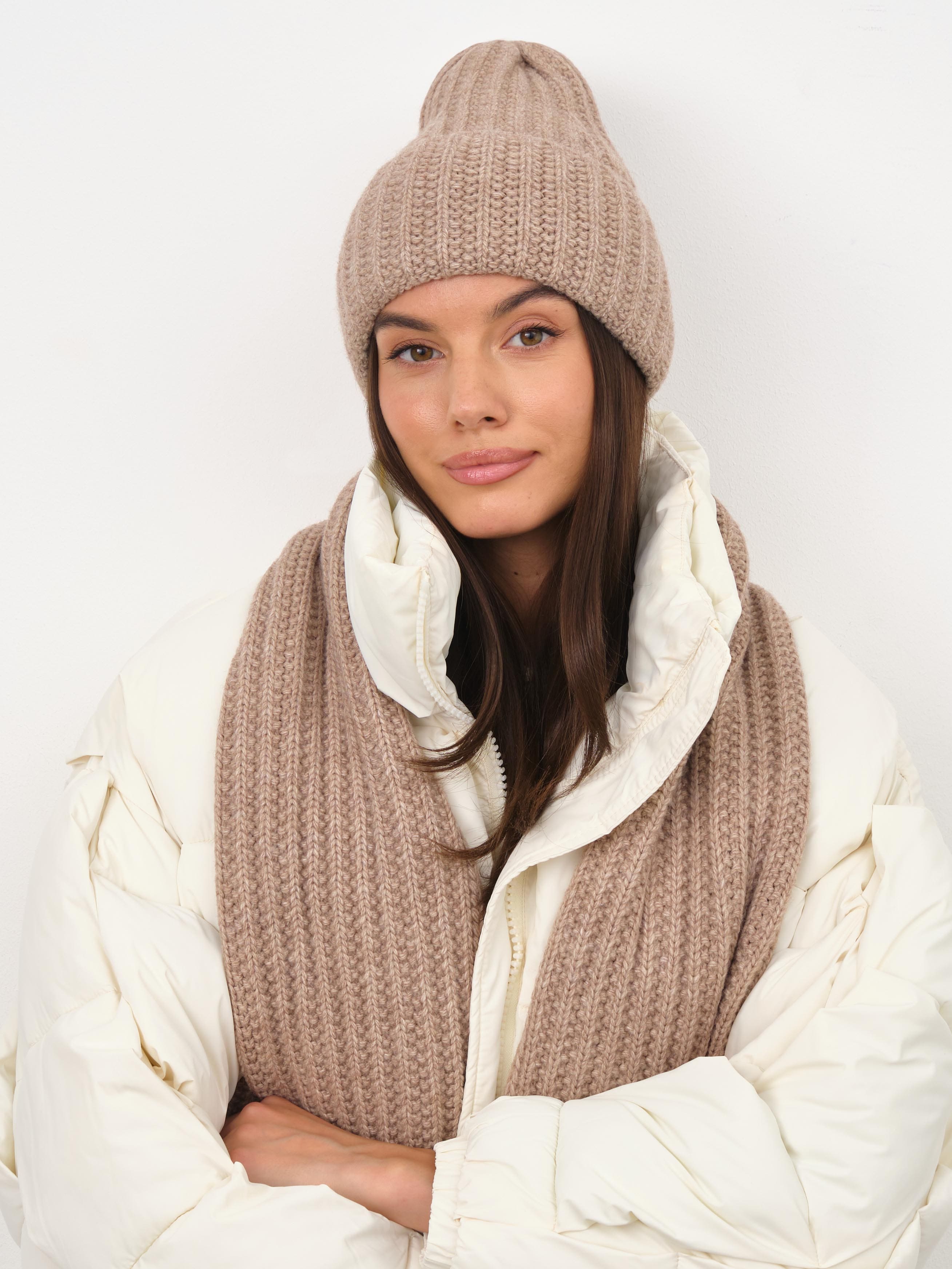 Черри комплект (шапка+ шарф) трикотажный (бежевый меланж, 56-58)