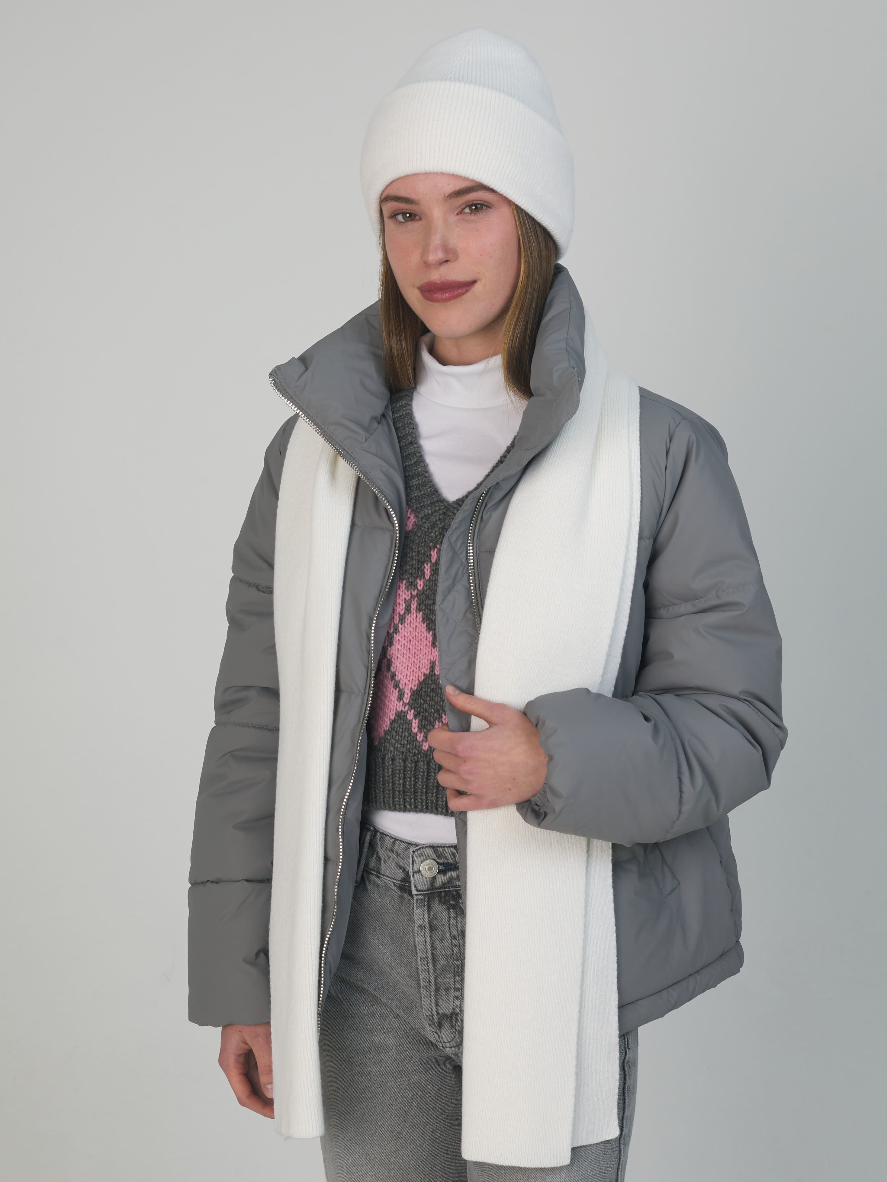 Квартет комплект (шапка+шарф) трикотажный (белый, 56-58)