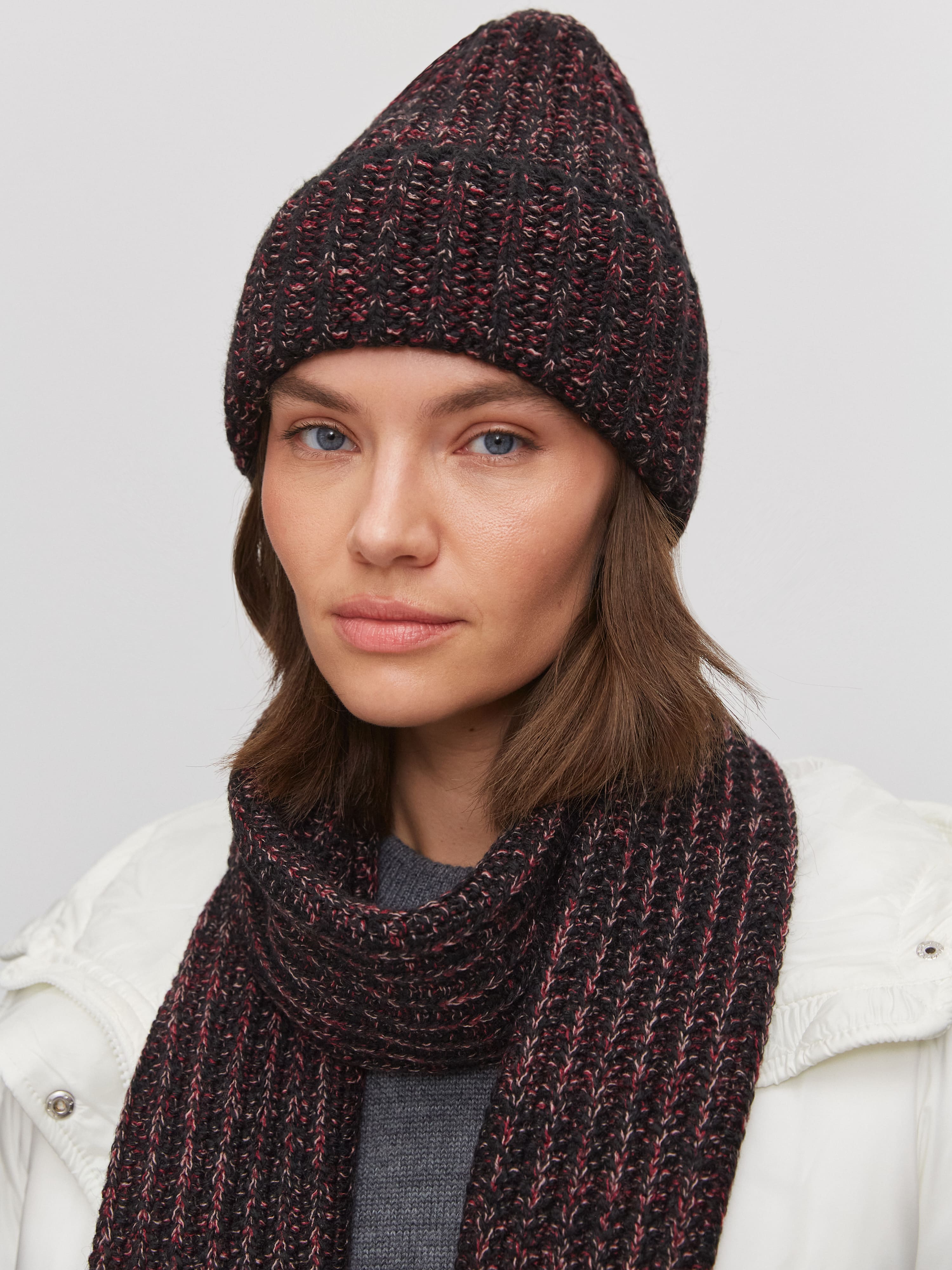 Черри комплект (шапка+ шарф) трикотажный (черный/бордо, 56-58)
