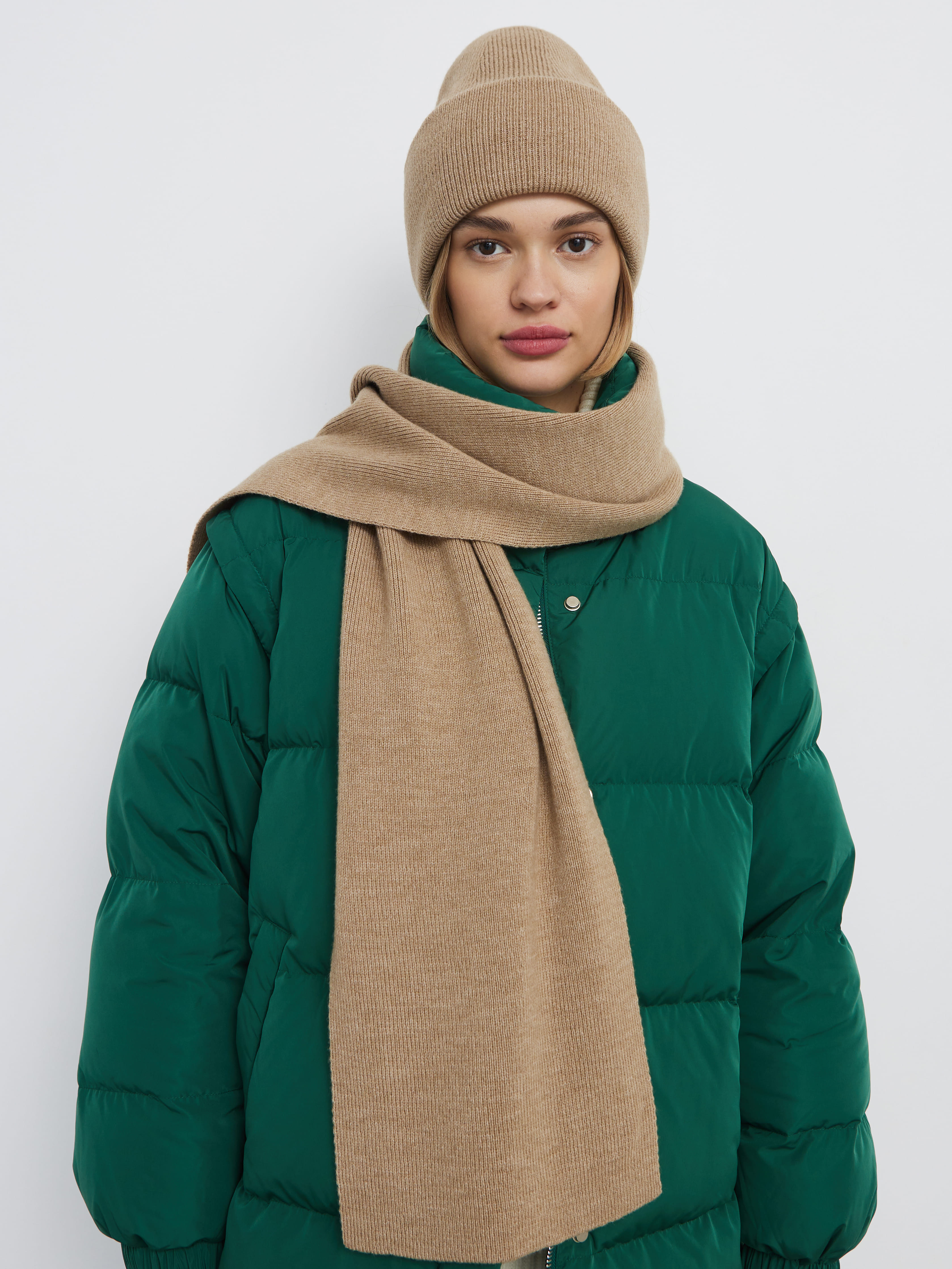 Квартет комплект (шапка+шарф) трикотажный (бежевый меланж, 56-58)