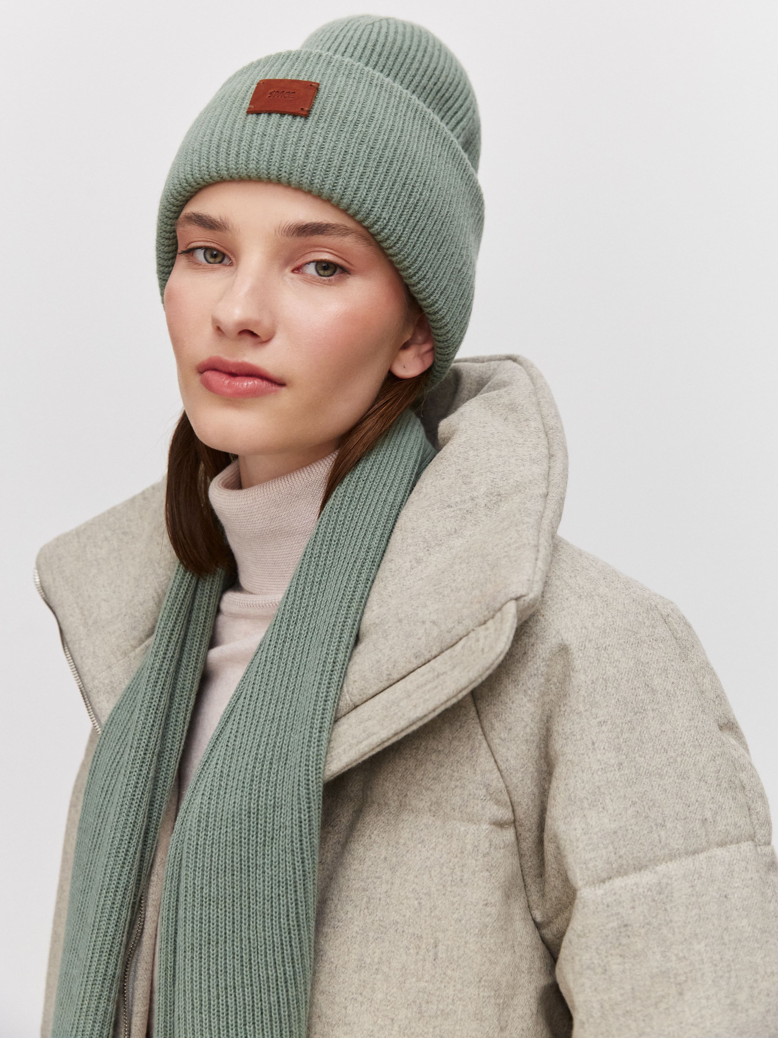 Спейс комплект (шапка+шарф) трикотажный (оливковый, 56-58)