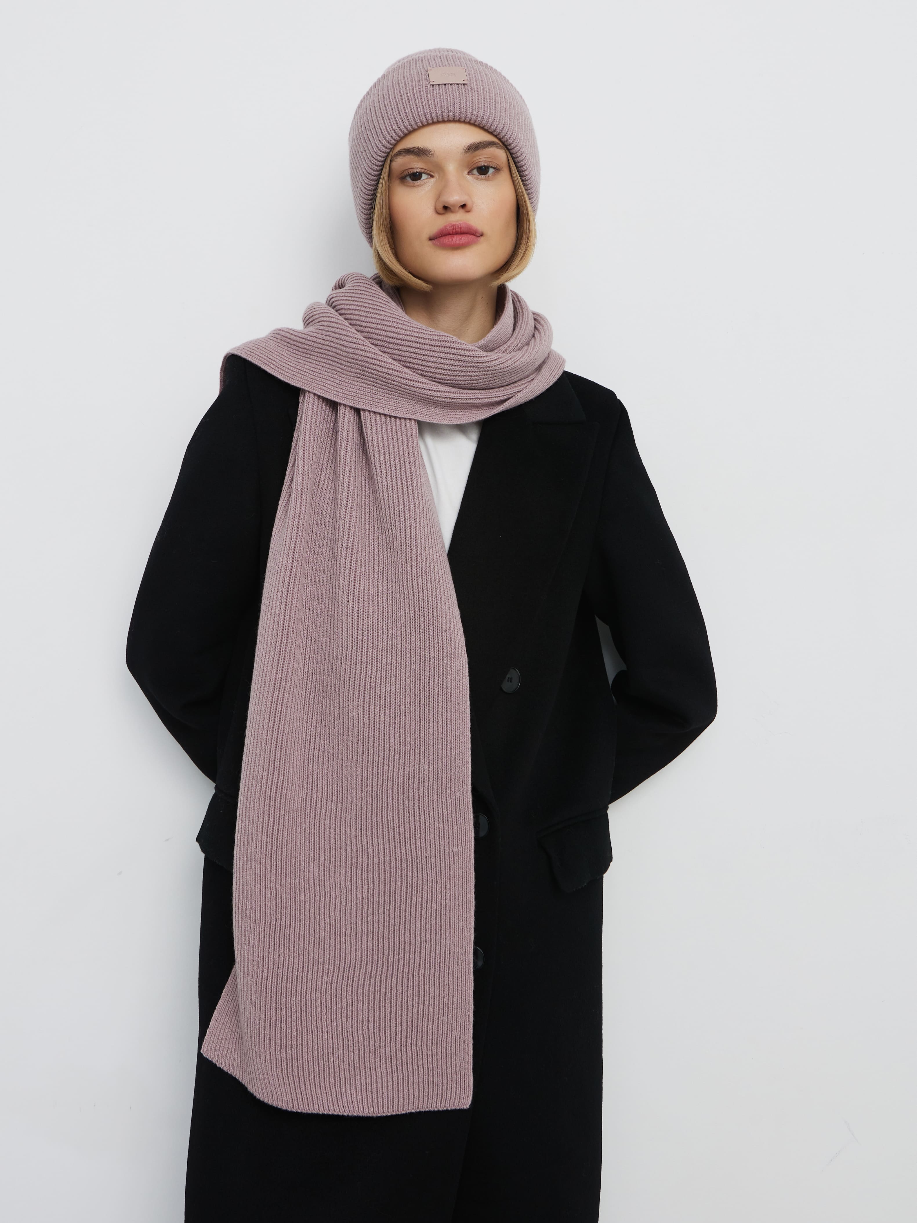 Спейс комплект (шапка+шарф) трикотажный (розовато-серый, 56-58)