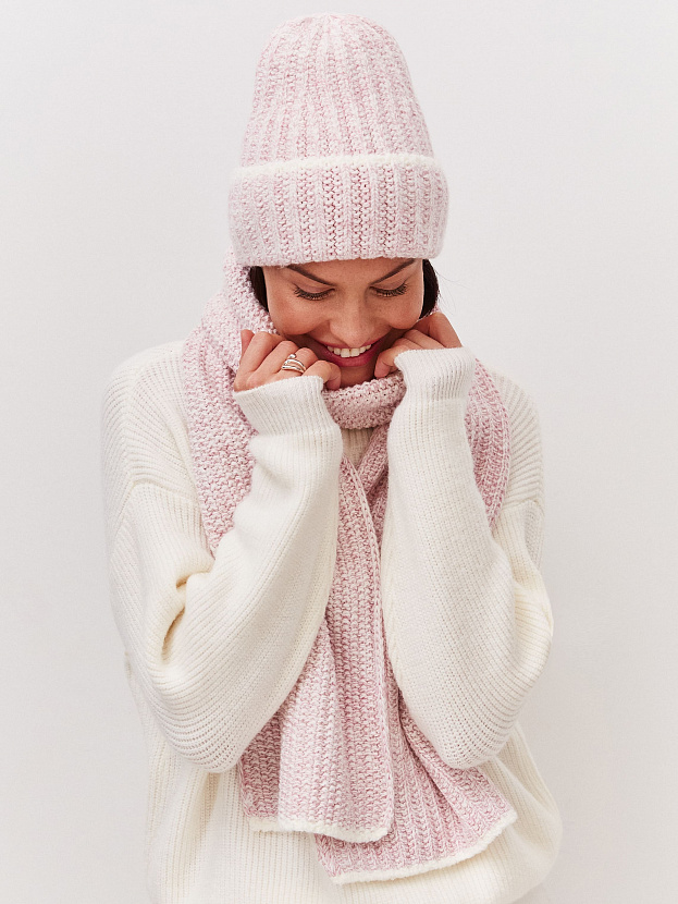 Черри комплект (шапка+ шарф) трикотажный (белый/пудровый, 56-58)