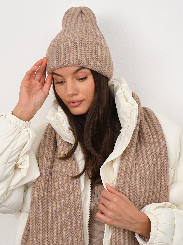 Черри комплект (шапка+ шарф) трикотажный (бежевый меланж, 56-58)